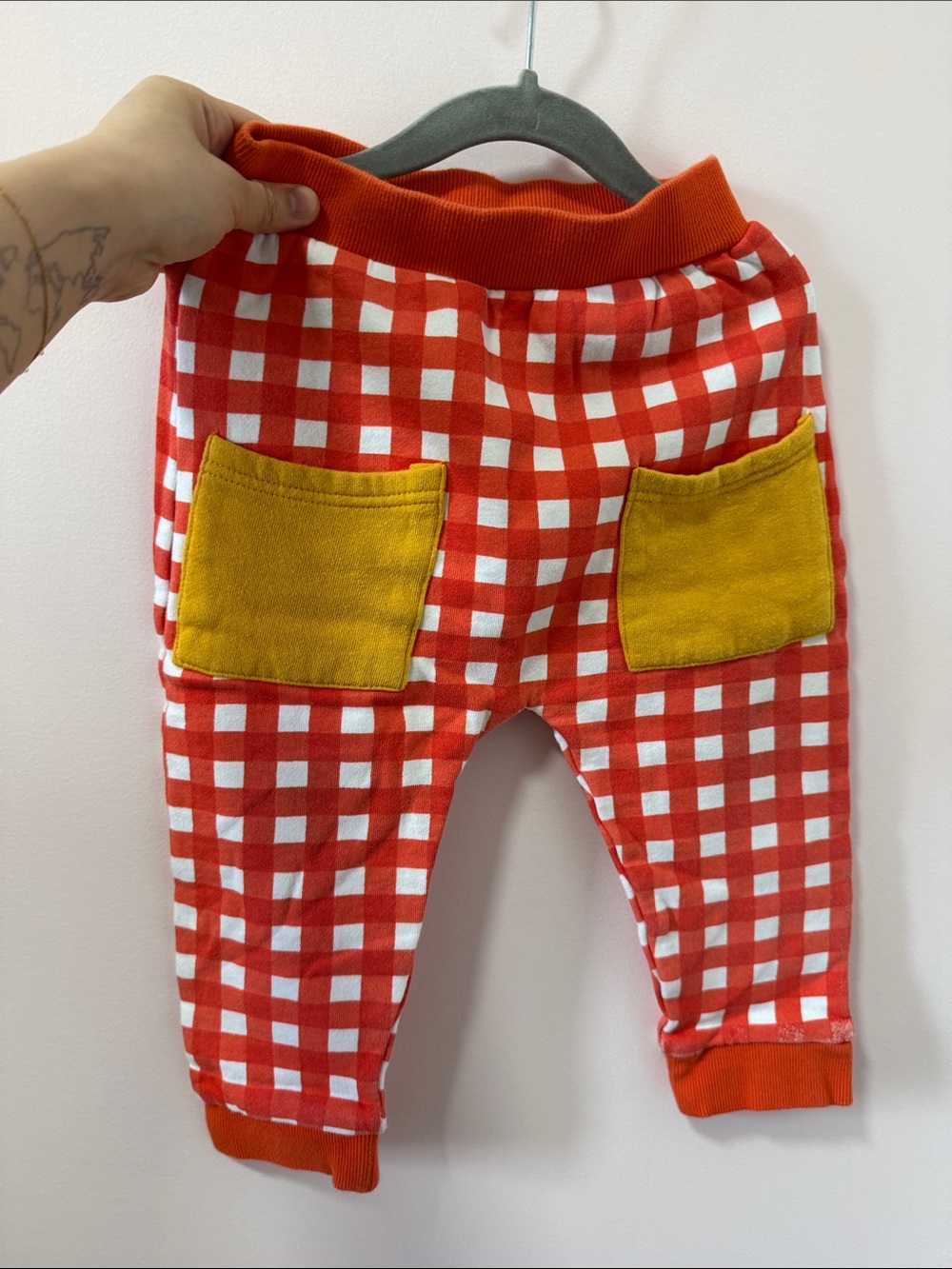 Kids Red Gingham Casual Pants with Yellow Pockets